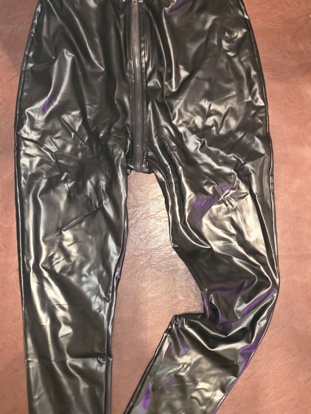 Women's Black Faux Leather Skinny Jumpsuit with Front Zip